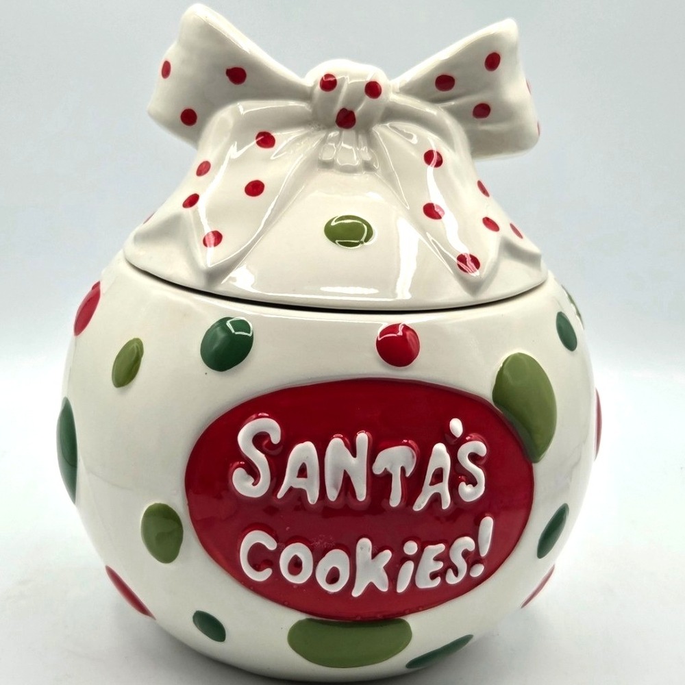 SANTA'S COOKIES! Polka Dot Ornament with Bow Cookie Jar by Real Home